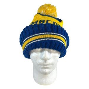 Vintage Macomb Illinois Beanie Pom Pom Stocking Cap Blue Yellow Hat Snow Winter